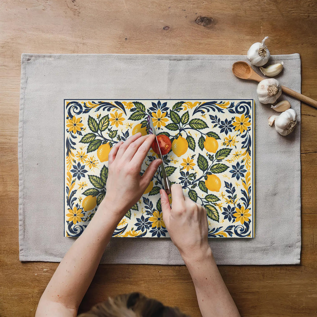 Amalfi lemon glass cutting board styled as colourful kitchen decor with an Italian coastal aesthetic