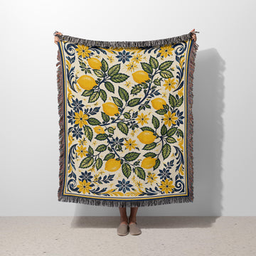 Amalfi Lemons Woven Blanket | Mediterranean 100% Cotton Throw Blanket with Fringed Edges & Coastal Home Decor Style
