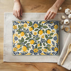 Amalfi lemons botanical glass cutting board featuring a bright Mediterranean-inspired lemon pattern