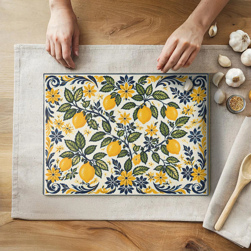 Amalfi lemons botanical glass cutting board featuring a bright Mediterranean-inspired lemon pattern