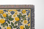 Italian inspired lemon grove blanket featuring vibrant citrus fruit, botanical leaves, and decorative textile patterns