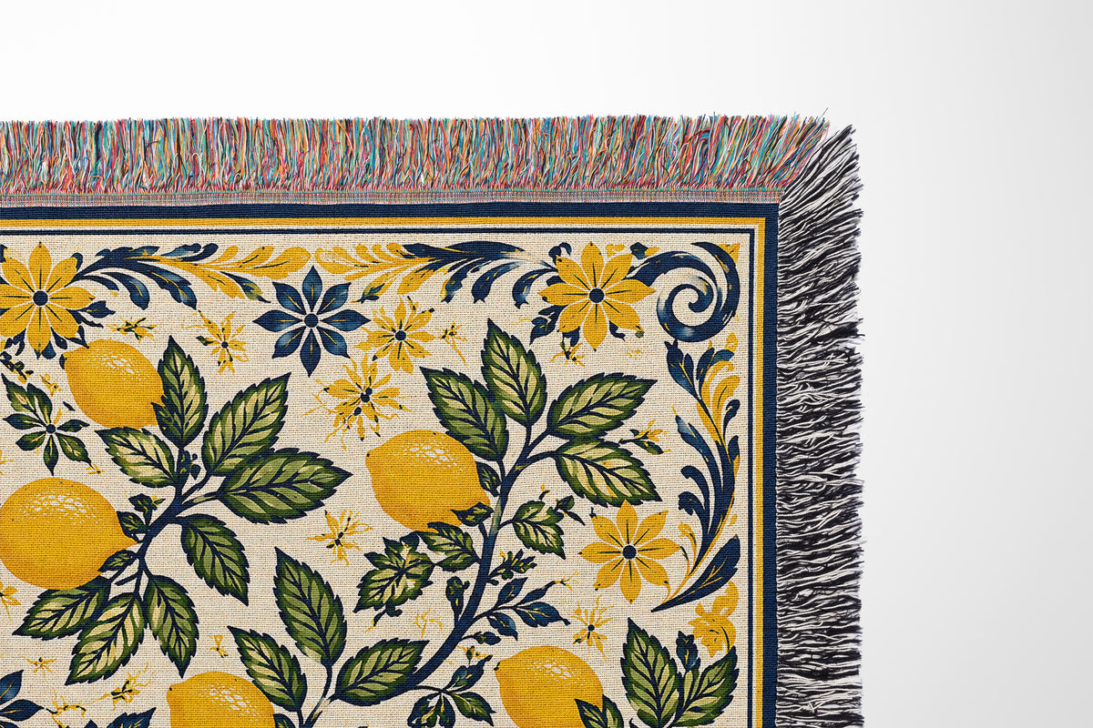 Italian inspired lemon grove blanket featuring vibrant citrus fruit, botanical leaves, and decorative textile patterns