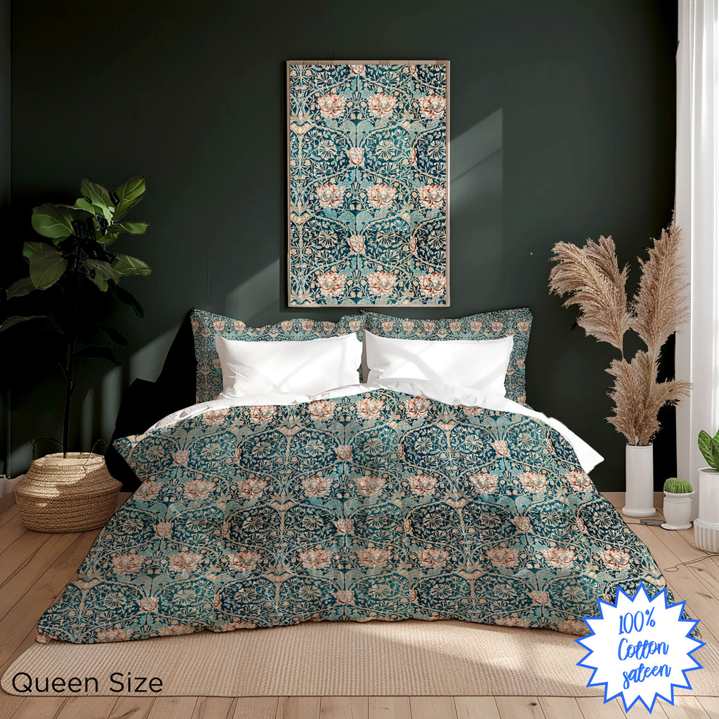 Luxurious William Morris Inspired Tulip Duvet Set – Cotton Sateen, Queen Size