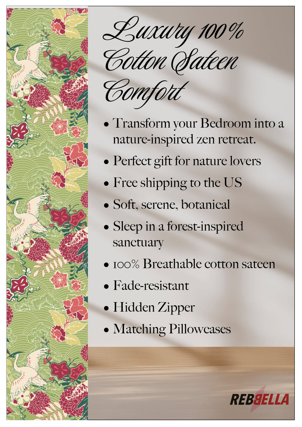 Green Oriental Floral Duvet Cover – Luxury Cotton Sateen Bedding