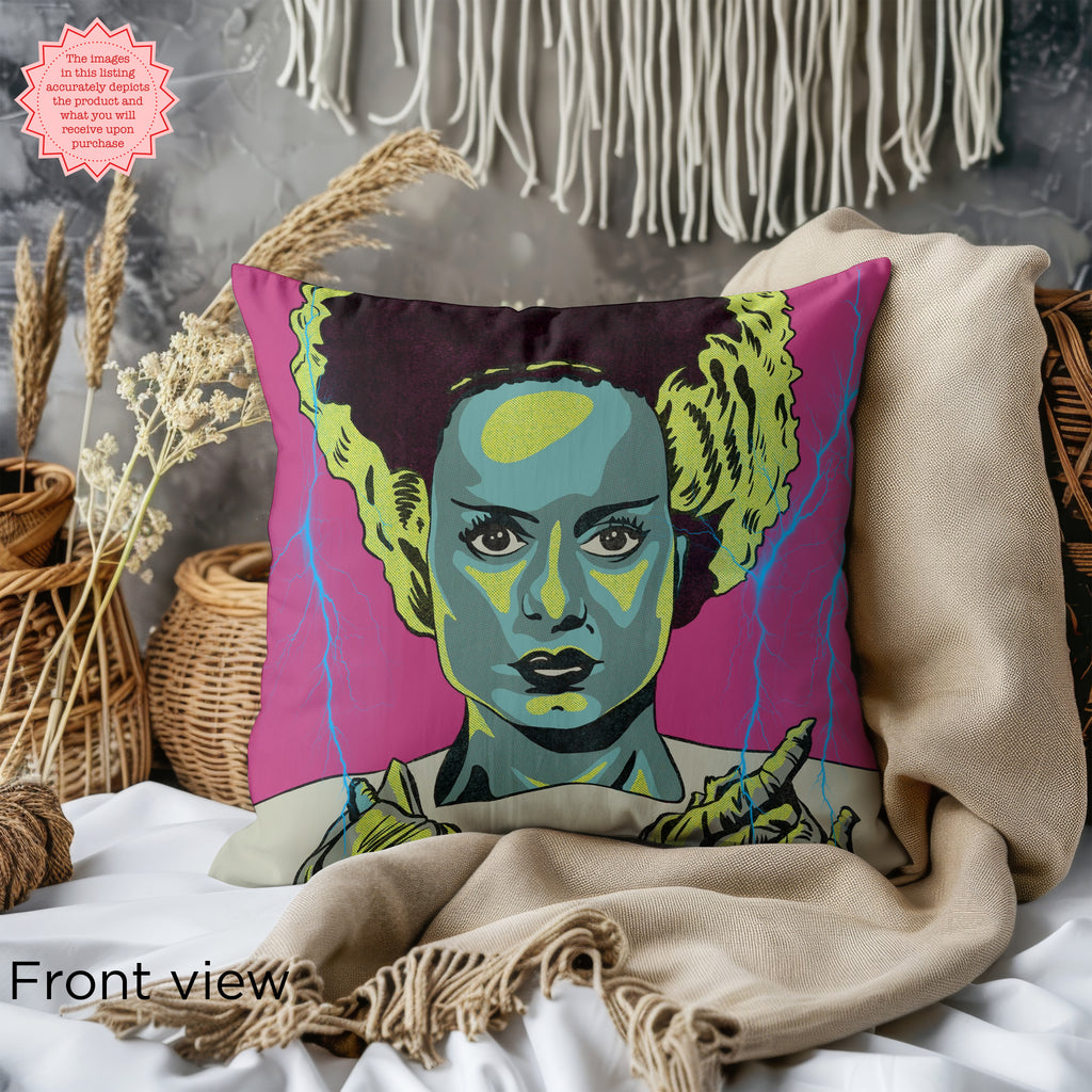 Bride of Frankenstein faux suede pillow cover with bold vintage-inspired classic horror design