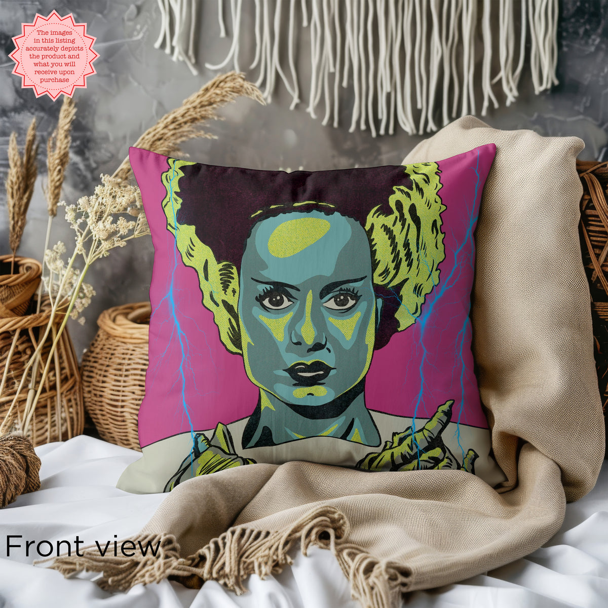 Bride of Frankenstein faux suede pillow cover with bold vintage-inspired classic horror design