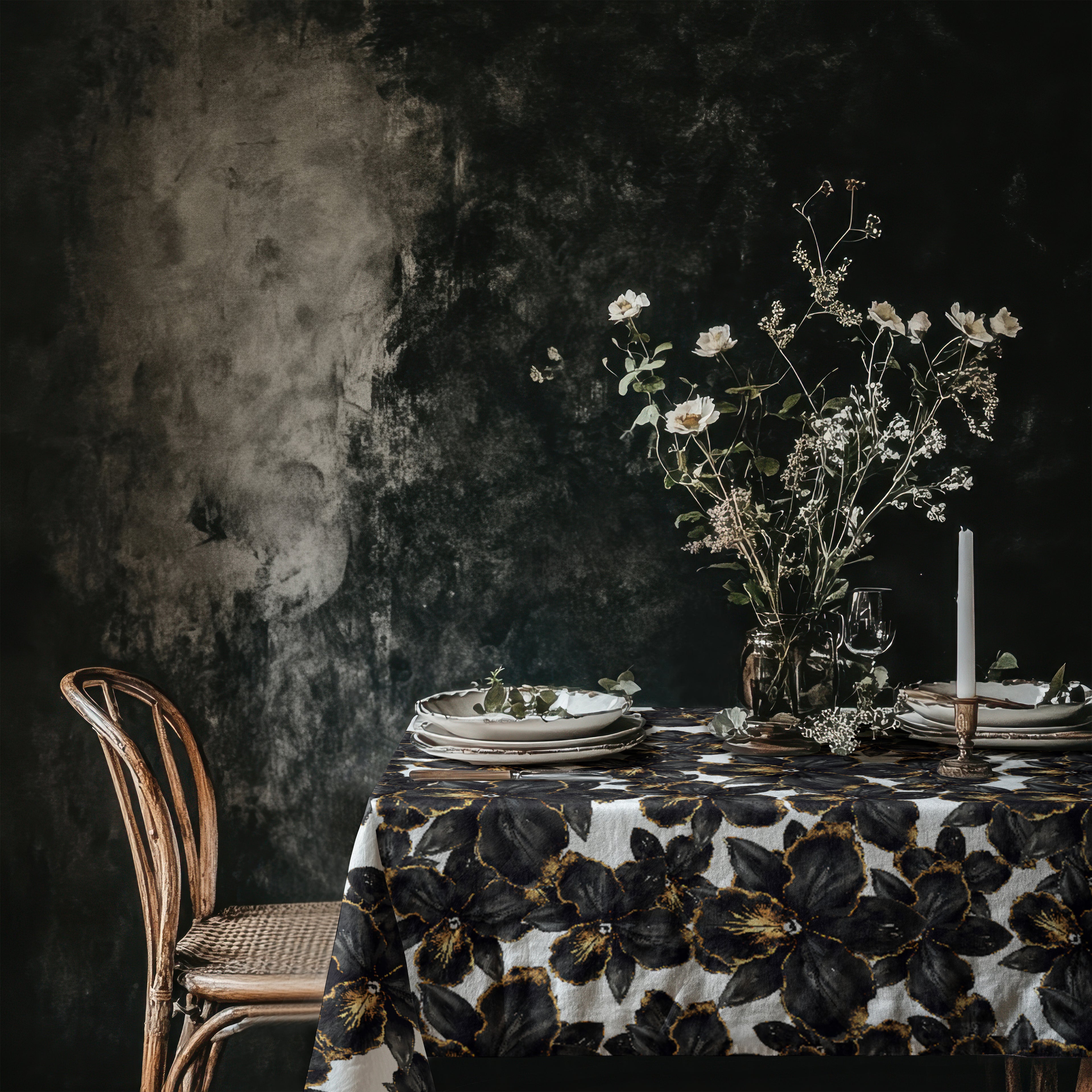 Modern botanical black orchid tablecloth draped over a rectangular dining table, featuring painterly black florals with subtle gold detailing on an ivory background