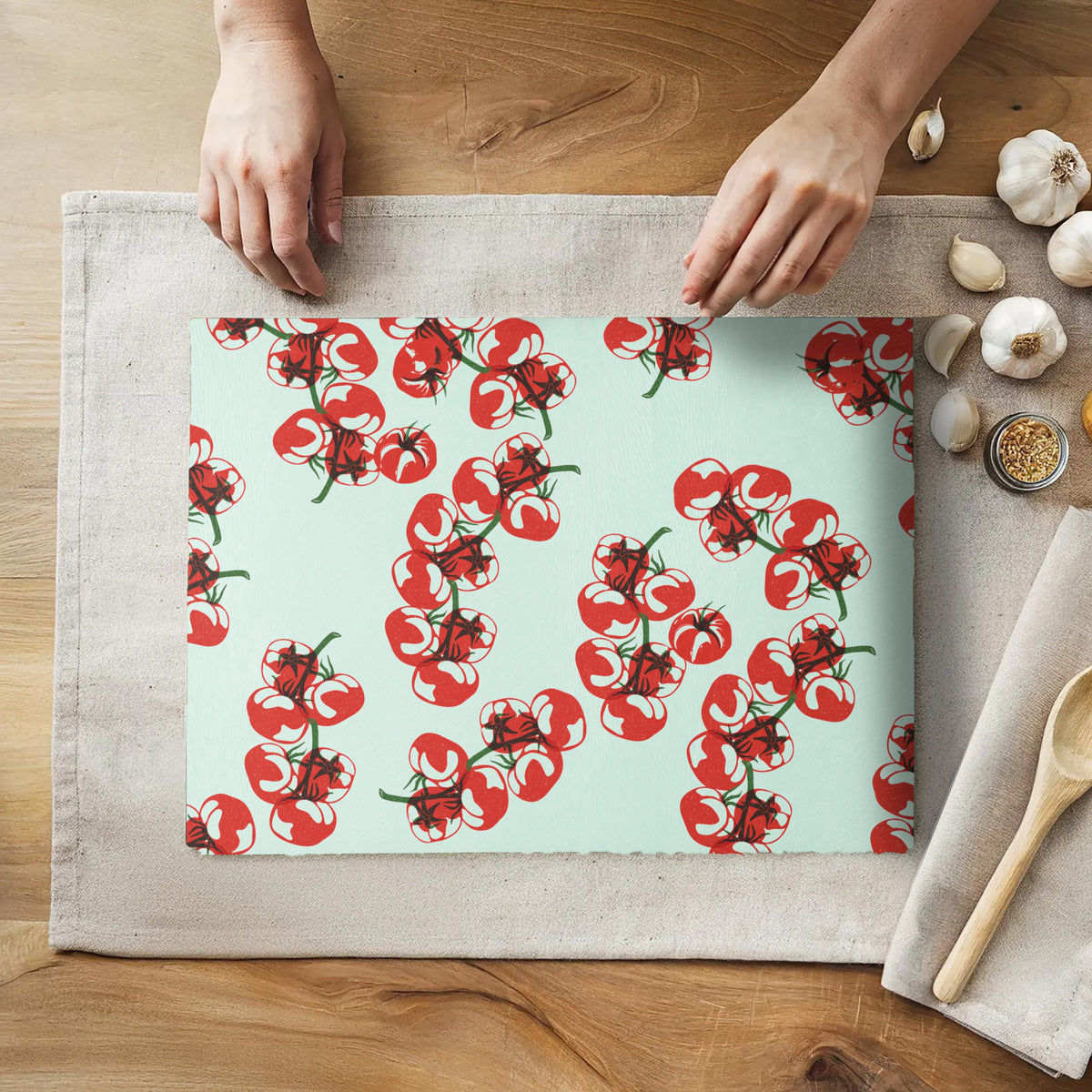 Tomato block print tempered glass cutting board with textured surface
