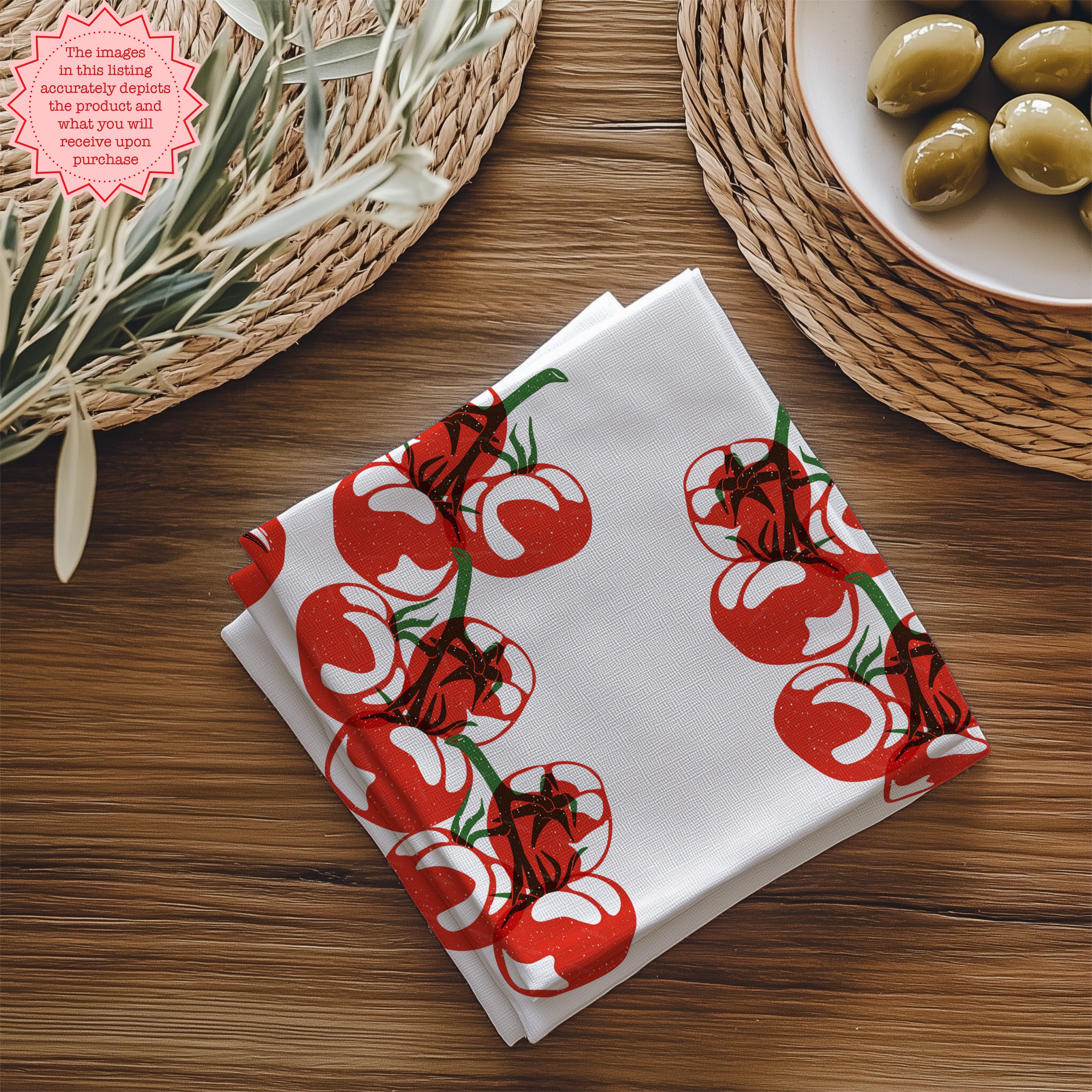 Close-up view of tomato printed cotton napkin showing detailed block print design and soft twill fabric texture