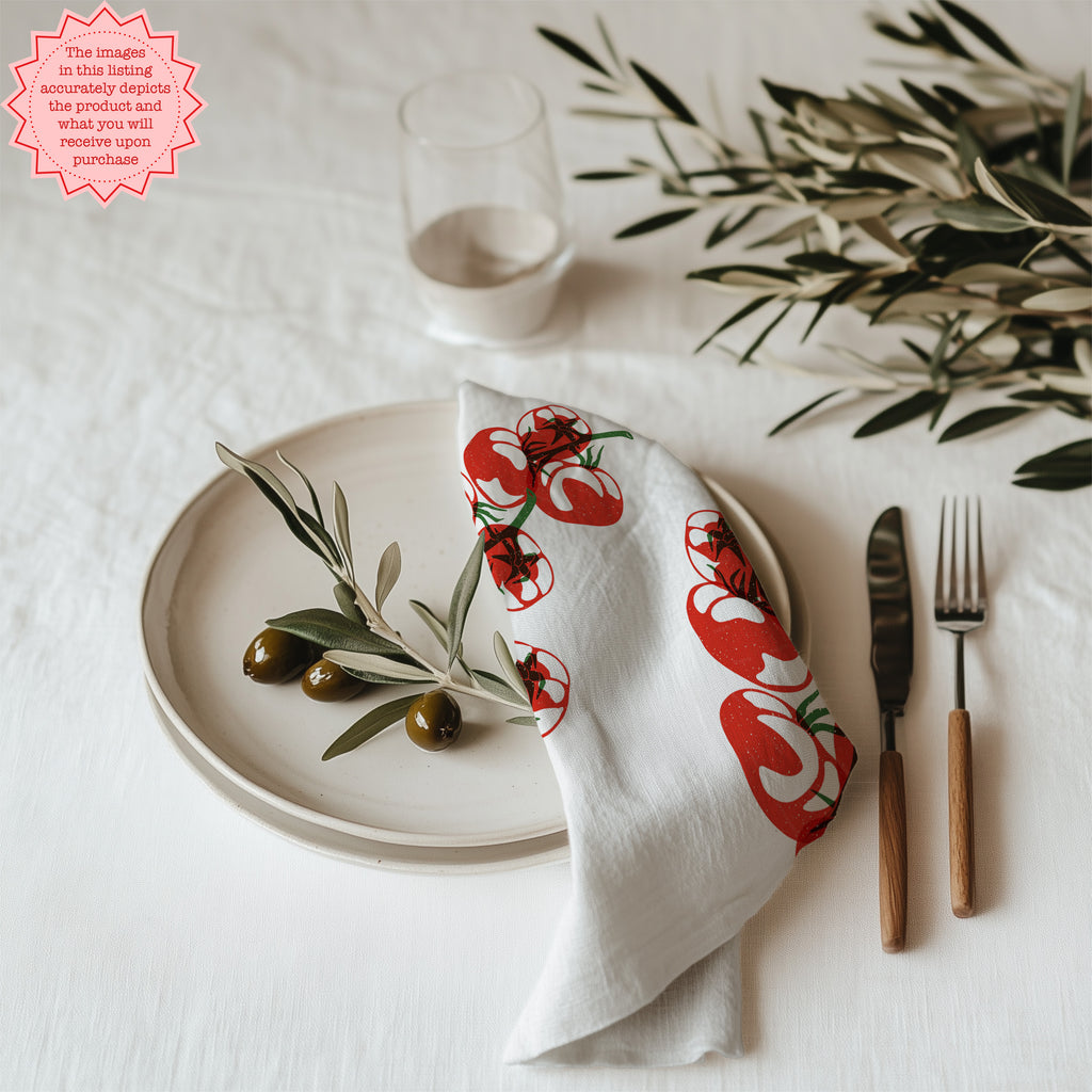 Tomato block print cotton twill cloth napkin with colorful vegetable design for farmhouse kitchen and stylish dining table decor
