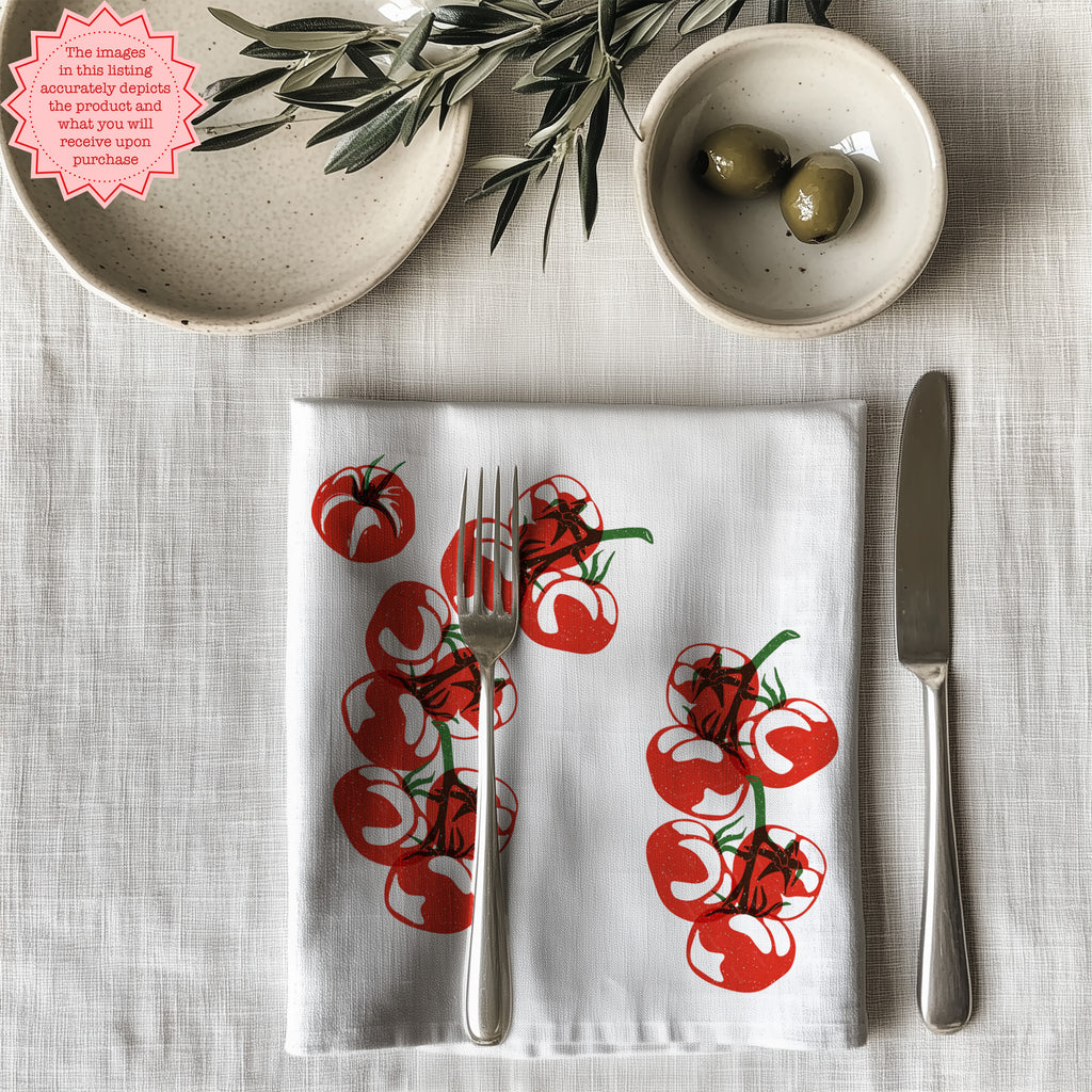 Red tomato pattern cloth napkin made from 100% cotton twill with neatly hemmed edges for stylish table decor