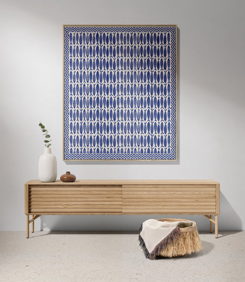 Large Blue Fish woven cotton blanket perfect for beach house decor, sofa throws, and bedroom styling