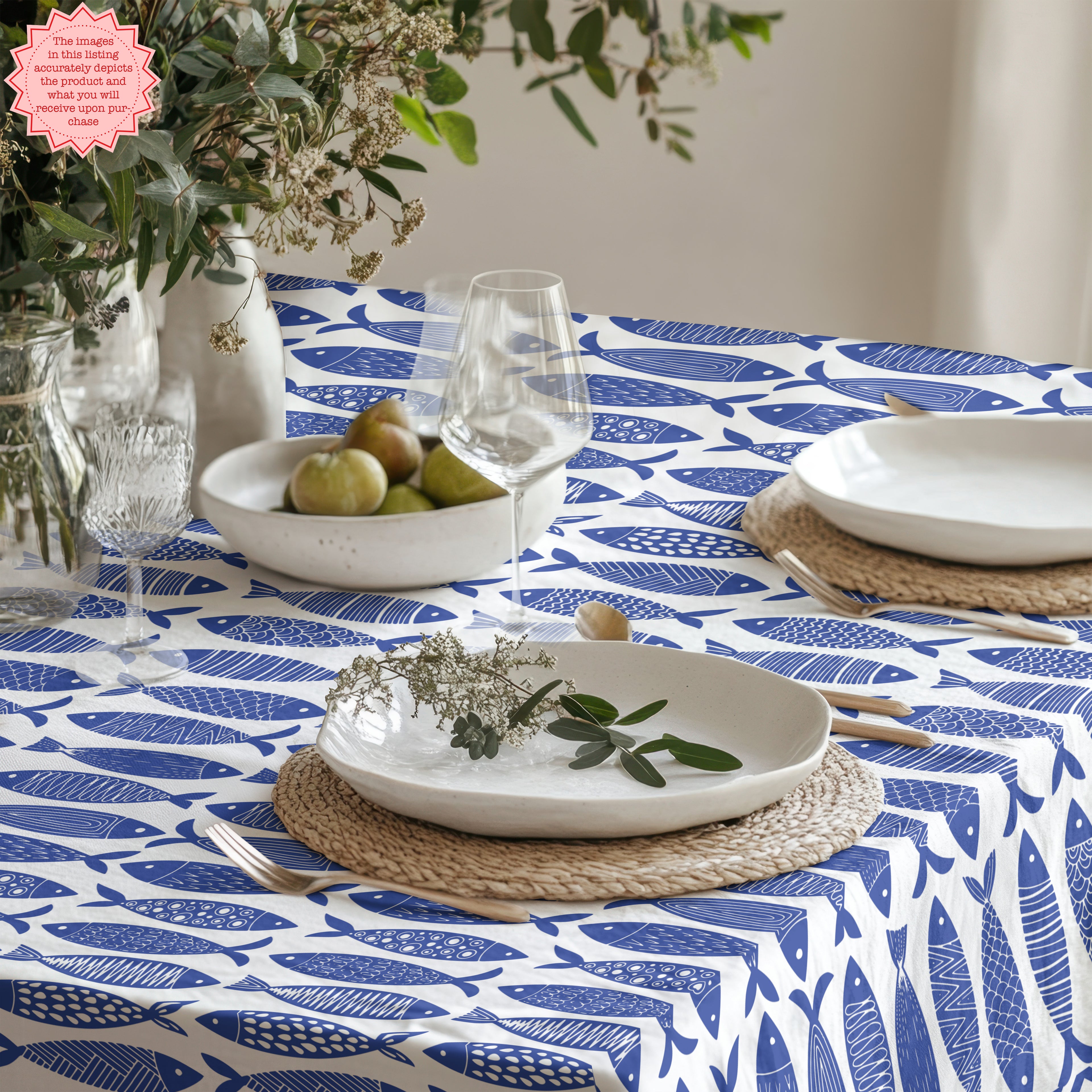 Blue Fish Cotton Tablecloth – Coastal Nautical Table Linen, Scandinavian Folk Fish Pattern Dining Decor