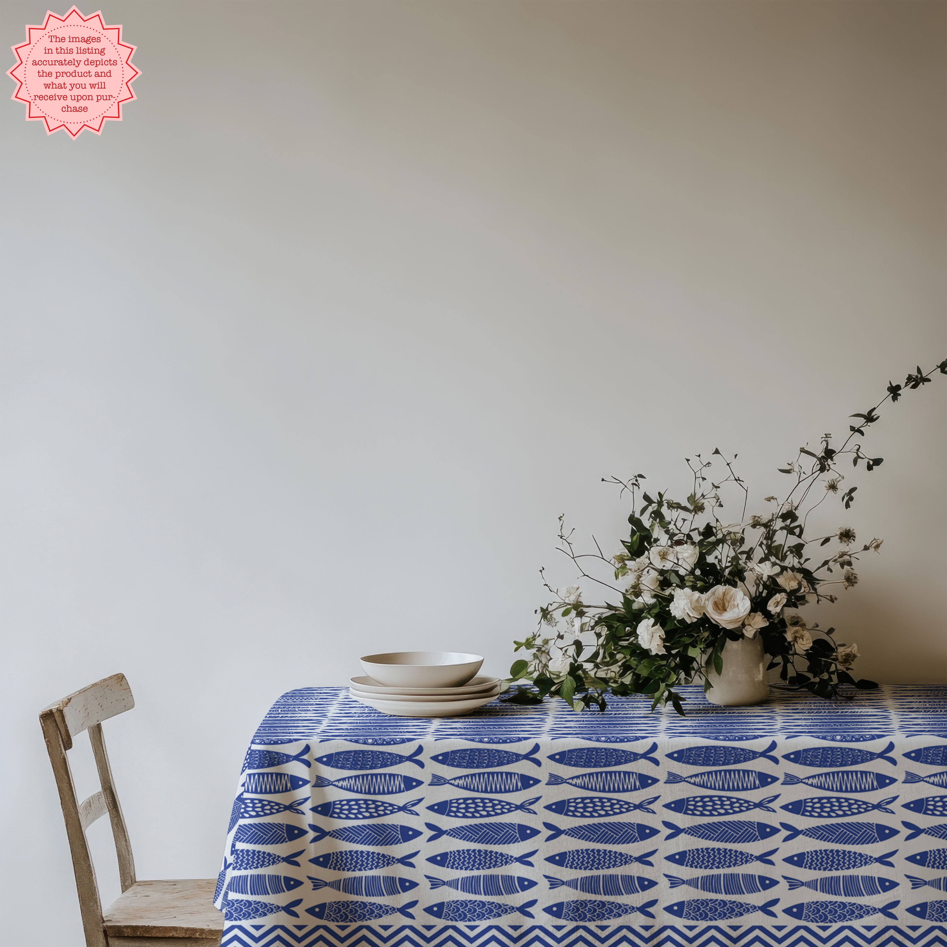 Blue Fish Cotton Tablecloth – Coastal Nautical Table Linen, Scandinavian Folk Fish Pattern Dining Decor