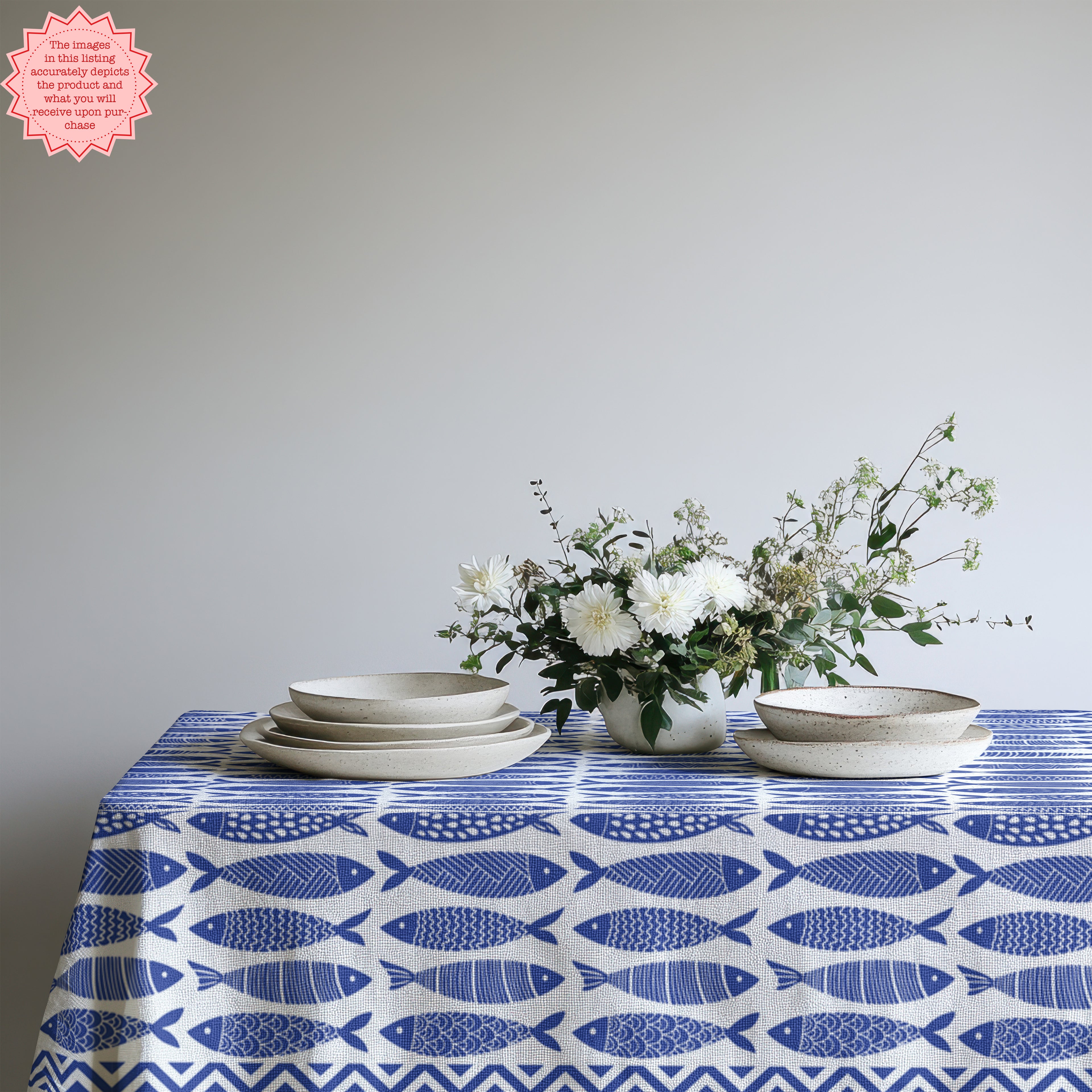 Blue Fish Cotton Tablecloth – Coastal Nautical Table Linen, Scandinavian Folk Fish Pattern Dining Decor