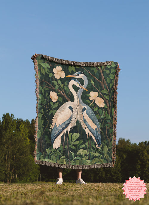 Blue Heron Woven Blanket - Beautiful Artisan Cozy Throw with Colorful Fringed Edges – Perfect Home Decor Gift for Wildlife Enthusiasts