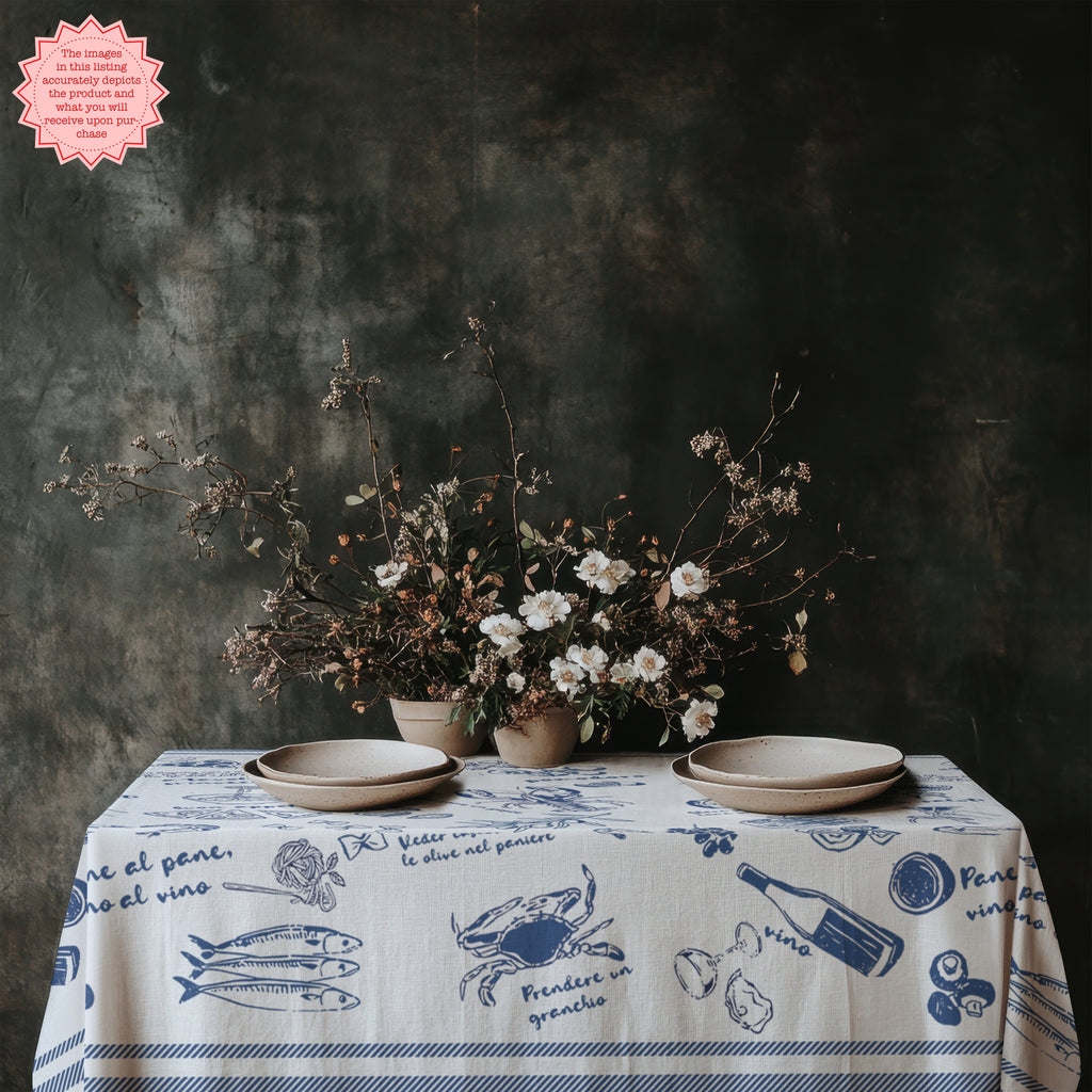 Italian Summer Tablecloth – 100% Cotton Twill Mediterranean Food Illustration Table Linen