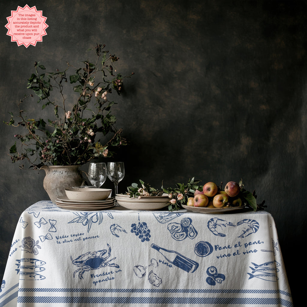Italian Summer Tablecloth – 100% Cotton Twill Mediterranean Food Illustration Table Linen