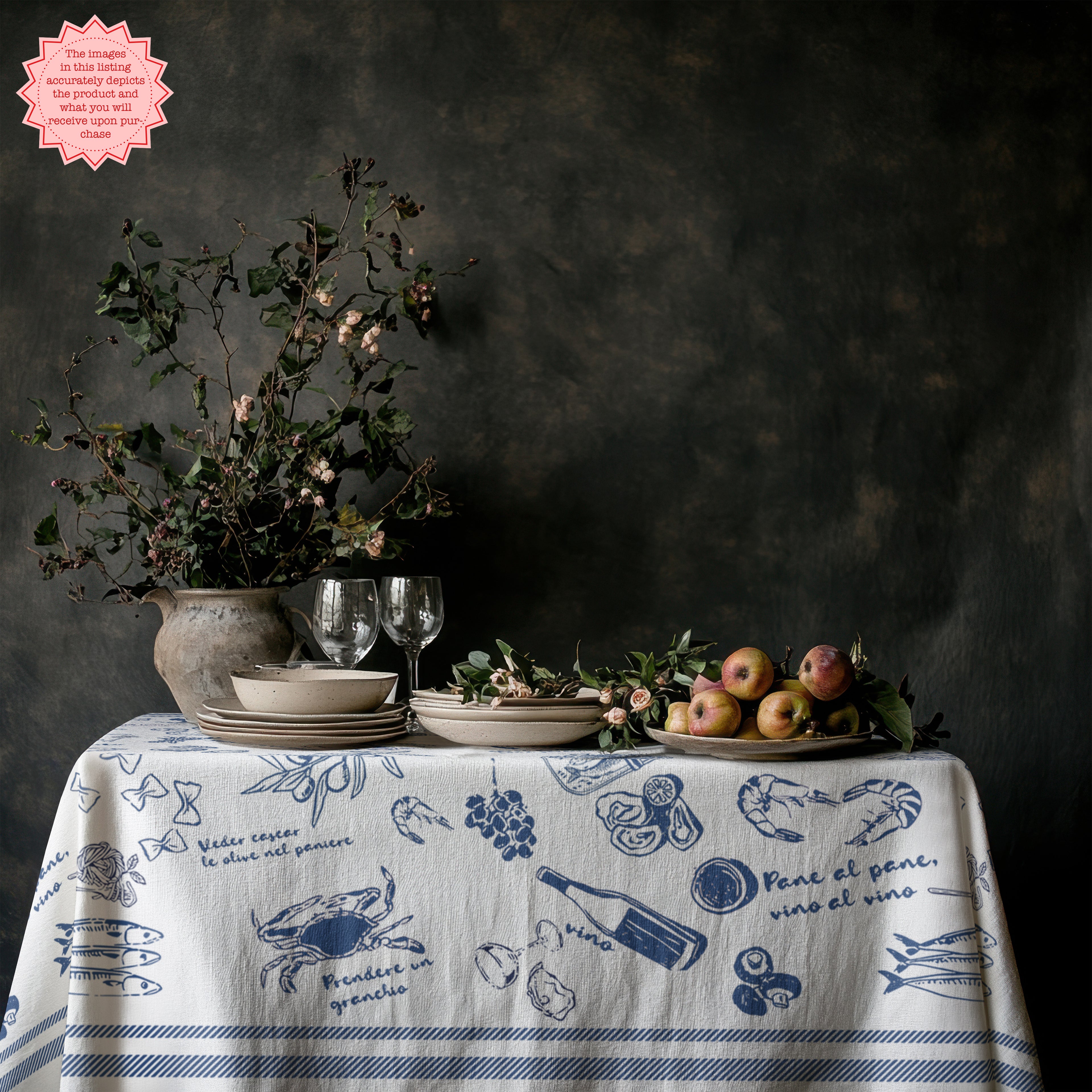 Italian Summer Tablecloth – 100% Cotton Twill Mediterranean Food Illustration Table Linen
