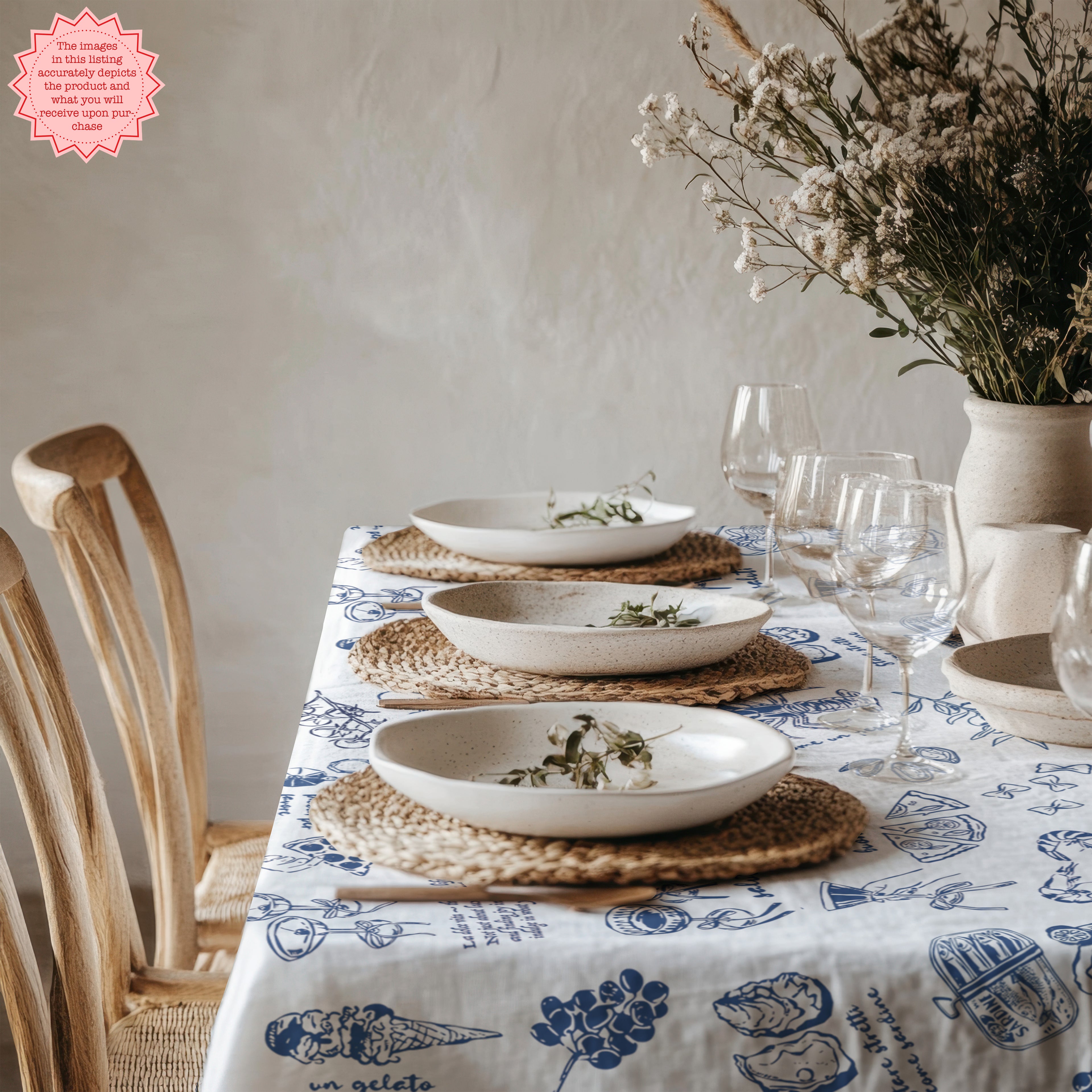 Italian Summer Tablecloth – 100% Cotton Twill Mediterranean Food Illustration Table Linen
