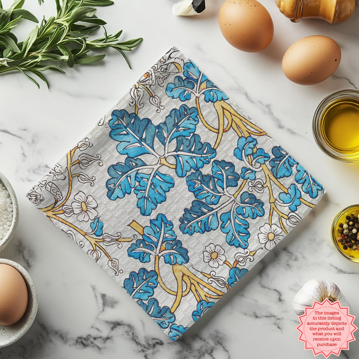 Blue Art Nouveau Leaf Tea Towel – 100% Cotton Twill Botanical Kitchen Towel