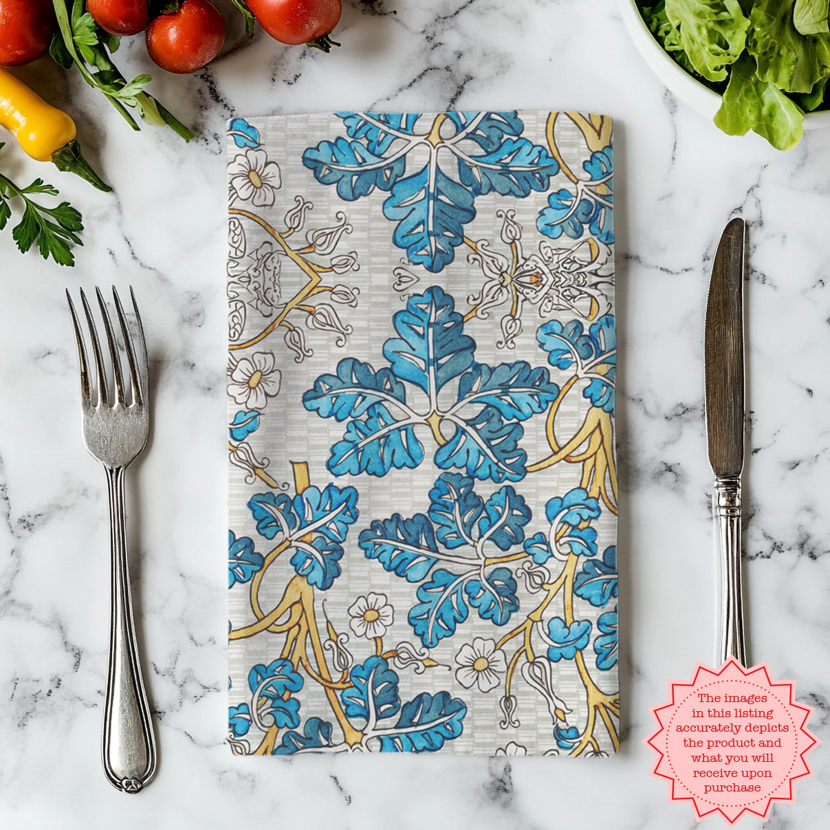 Art Nouveau–inspired leaf tea towel displayed in European-style kitchen