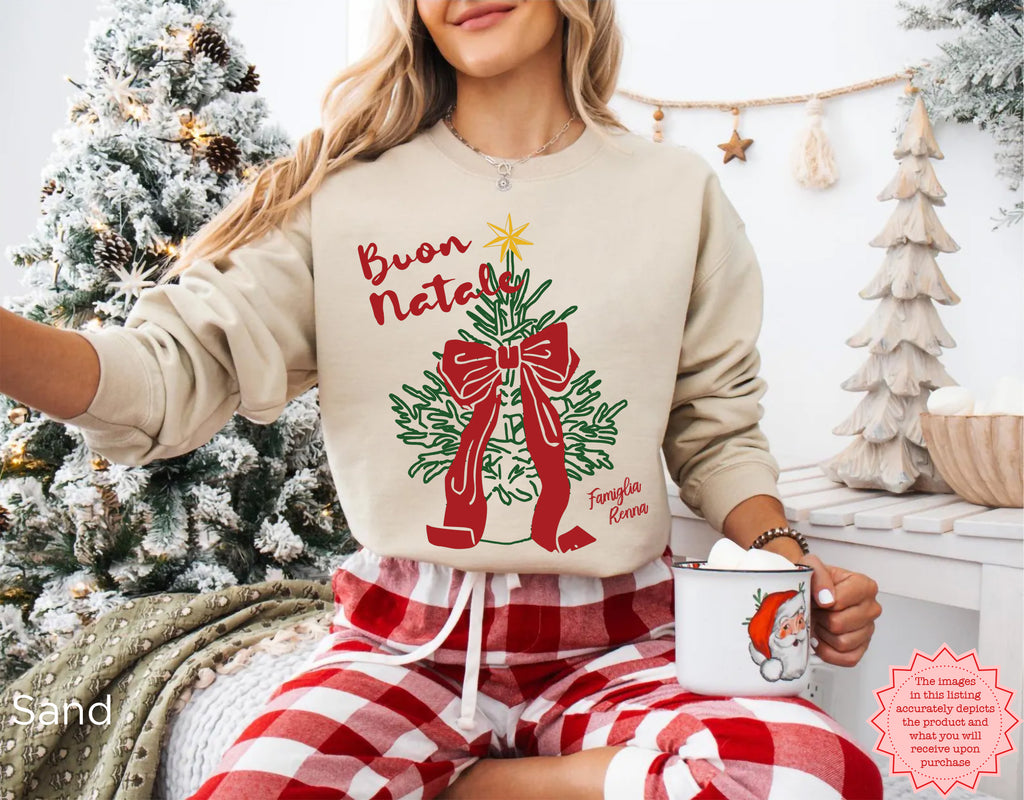 Buon Natale Italian Christmas jumper styled as festive winter clothing for Christmas parties, family photos and seasonal outings.