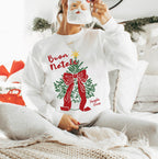 Buon Natale Italian Christmas sweatshirt featuring a Christmas tree, red bow and golden star on a white Gildan 18000 crewneck.