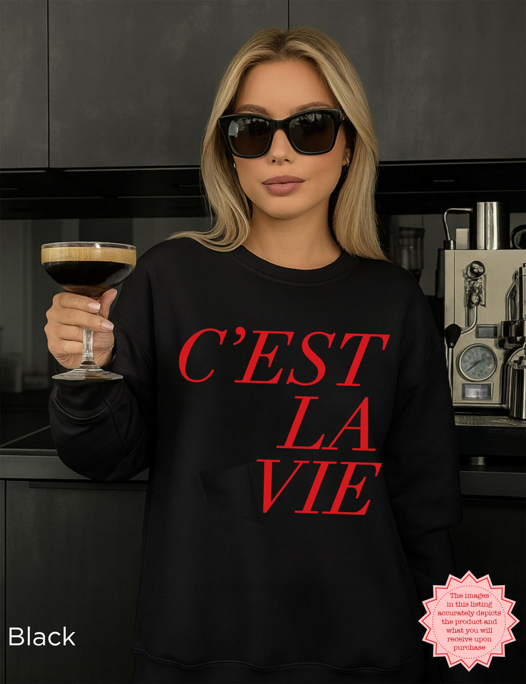 Black C’EST LA VIE Paris sweatshirt on model, minimalist chic oversized fall outfit, gift for her