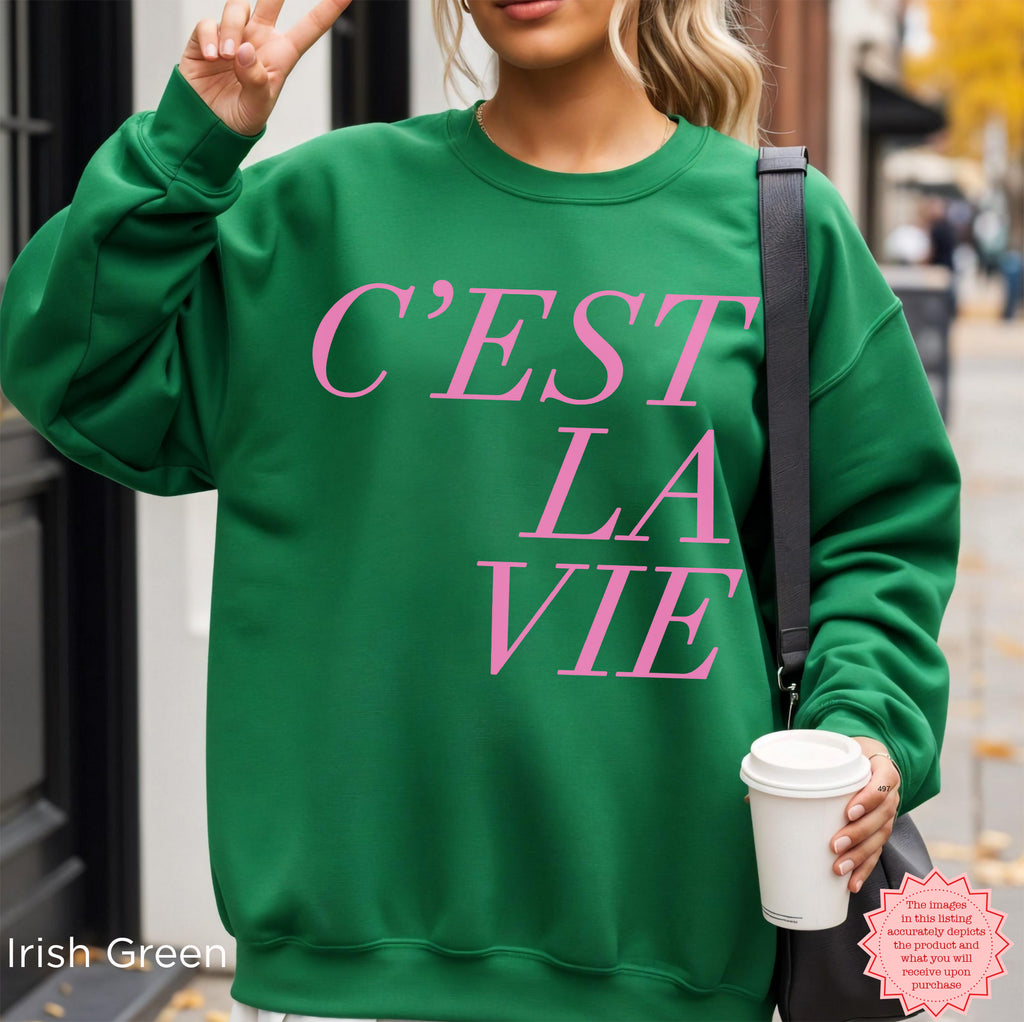 Irish green C’EST LA VIE sweatshirt, French-inspired fashion, cozy fall streetwear outfit for women