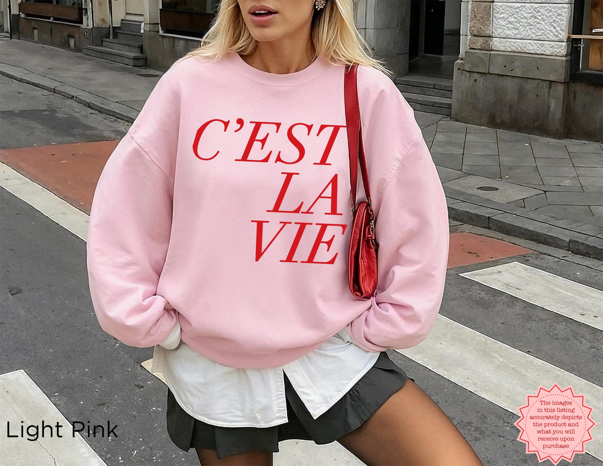Light pink C’EST LA VIE sweatshirt, French quote cozy fall outfit, Parisian style gift for her