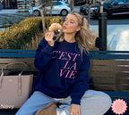 Navy blue C’EST LA VIE Paris sweatshirt, stylish oversized crewneck, perfect travel outfit
