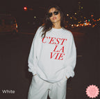 White C’EST LA VIE sweatshirt, minimalist chic Parisian outfit, gift idea for travel lovers and her
