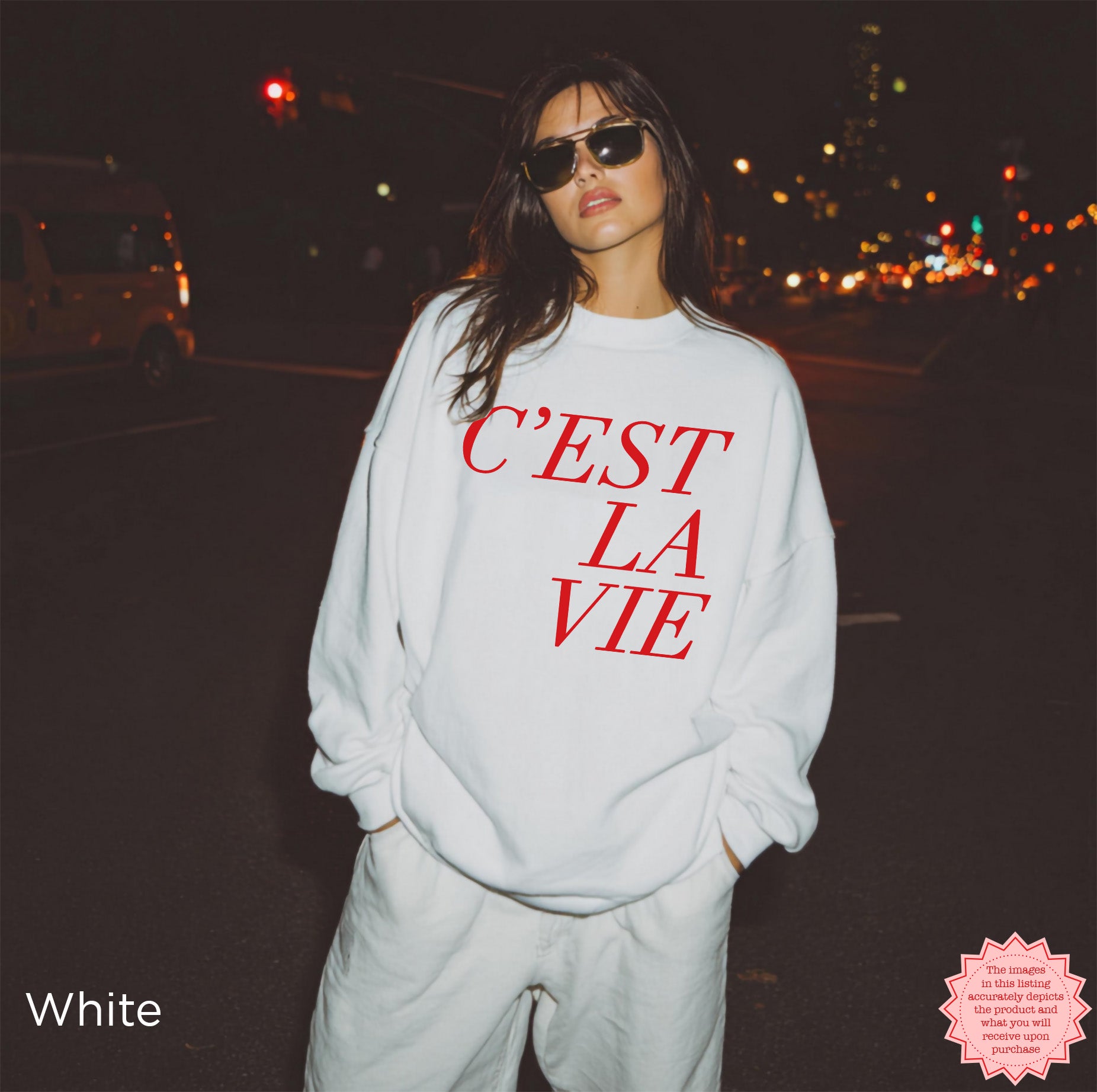White C’EST LA VIE sweatshirt, minimalist chic Parisian outfit, gift idea for travel lovers and her