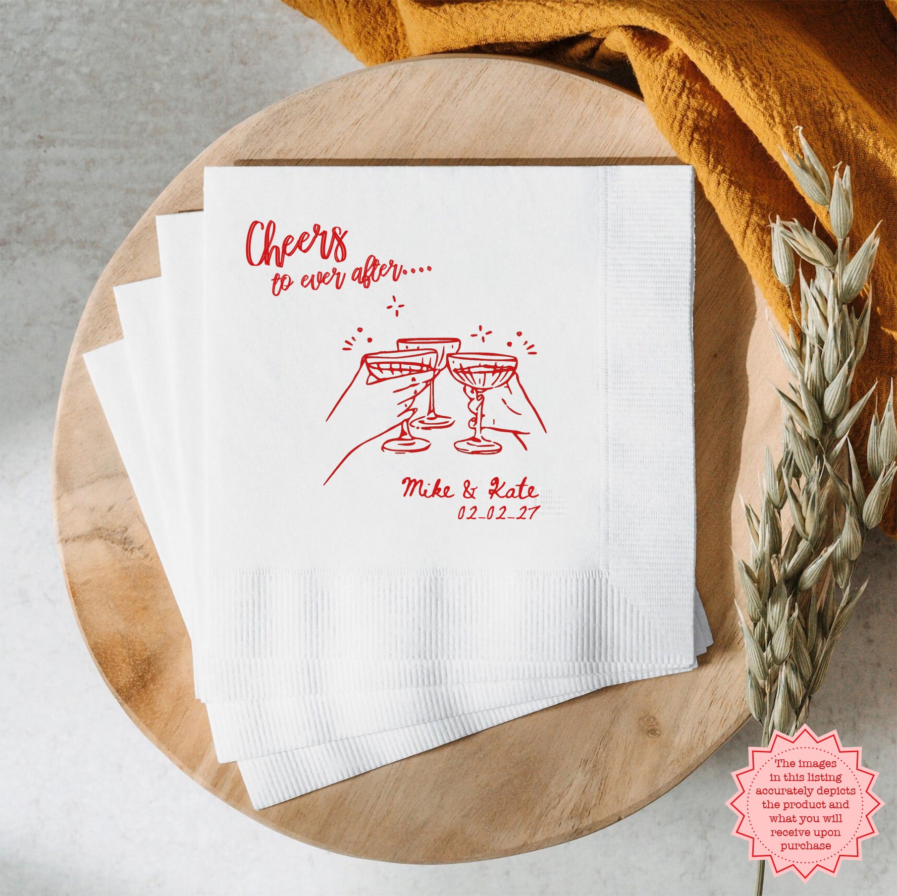 Personalized Ever After wedding napkin featuring custom names and wedding date, perfect for elegant wedding receptions and cocktail hours.