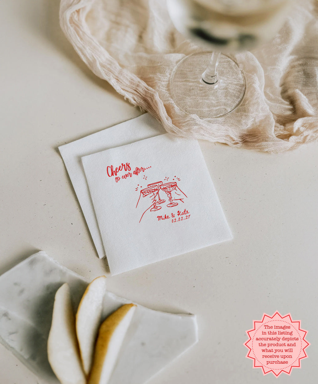 Custom Ever After cocktail napkin personalized for a wedding reception, engagement party, or bridal shower celebration.