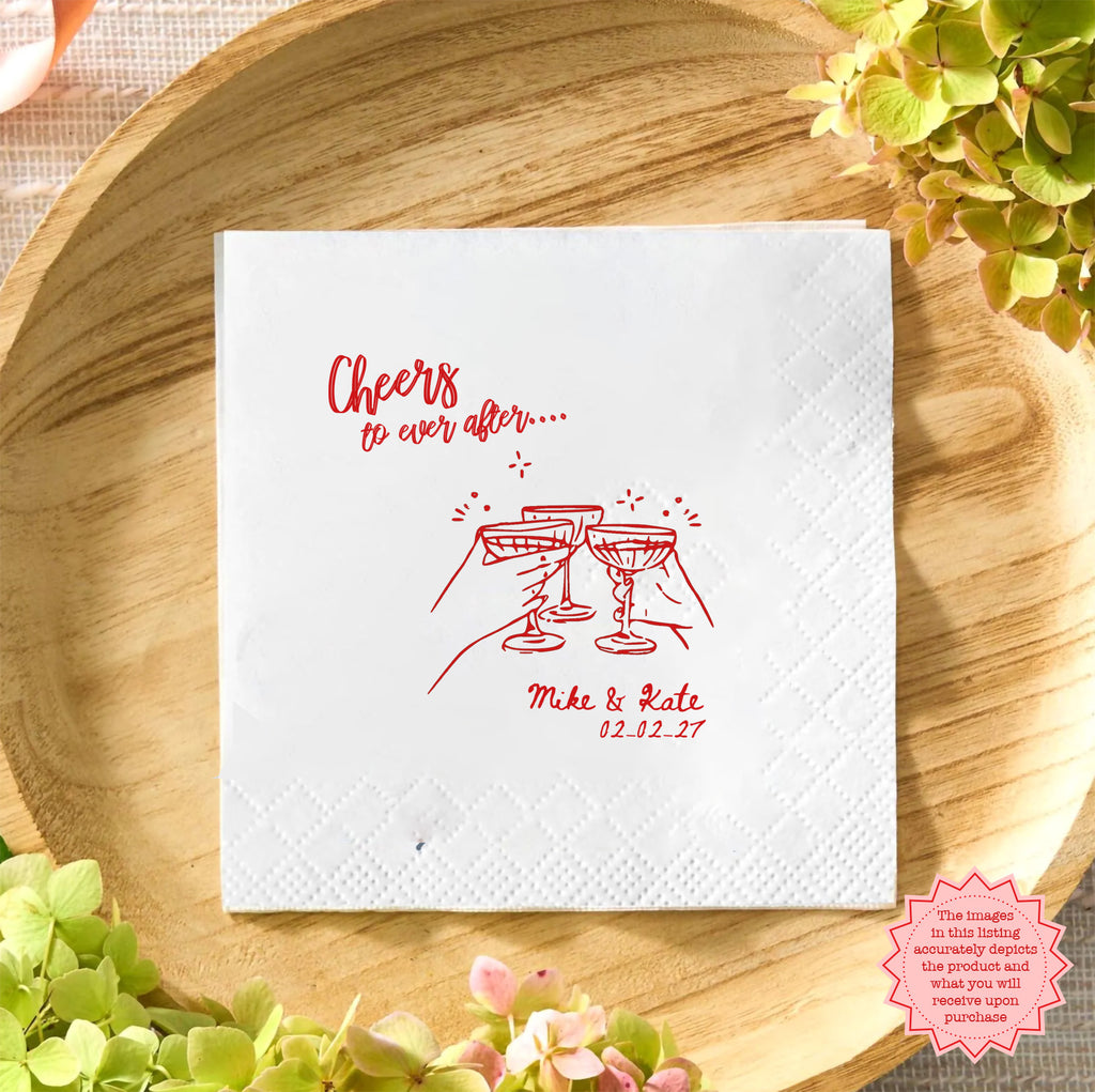 Elegant personalized wedding napkin with Ever After design, ideal for champagne bars, signature drinks, and reception décor.