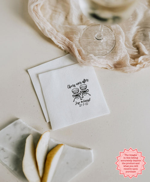Custom wedding cocktail napkin with Cheers to Ever After design, personalized for a wedding reception or engagement party.