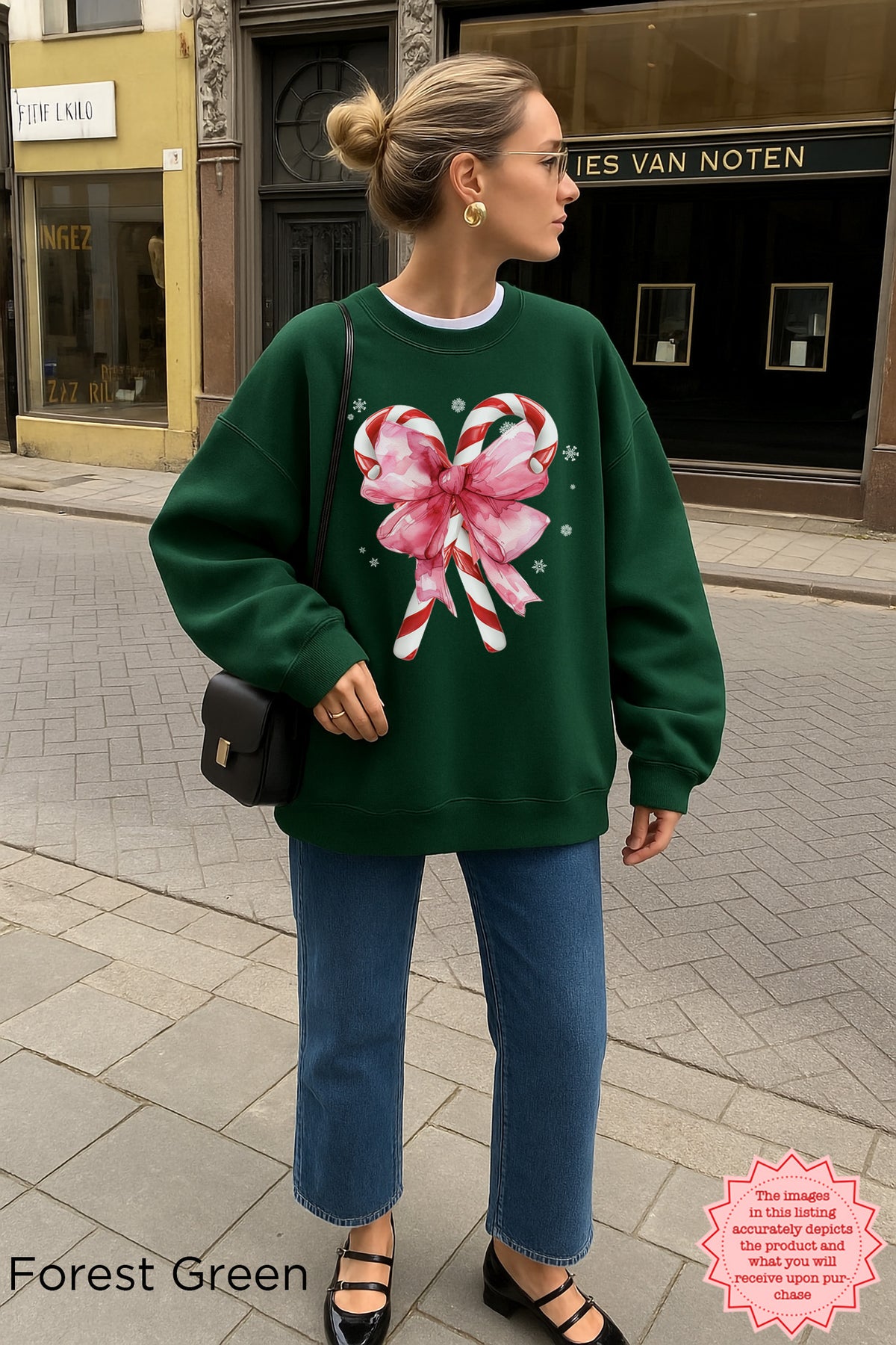 Christmas candy cane crewneck sweatshirt styled for a cute holiday fashion look