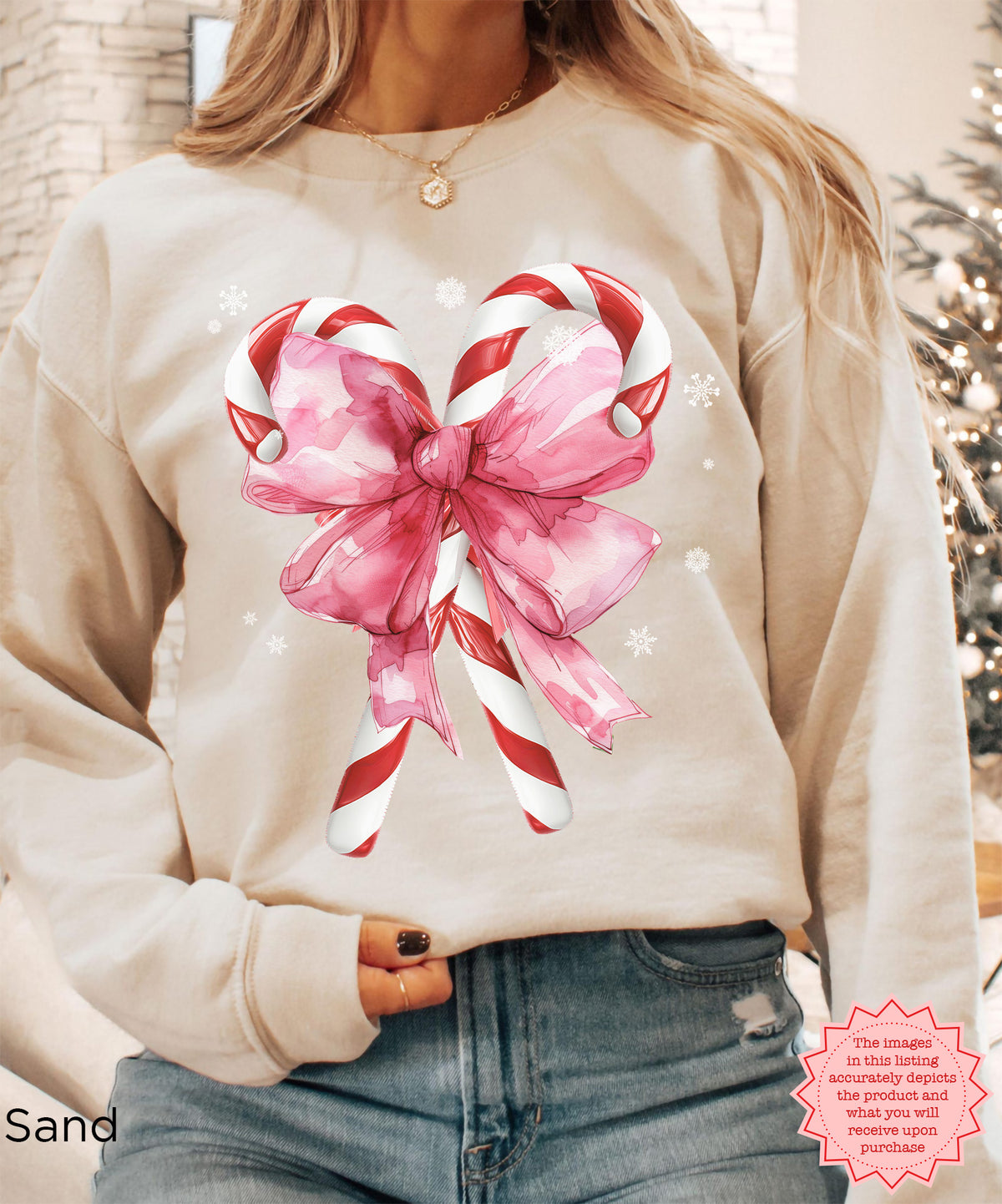 DTG printed Christmas sweatshirt design showing detailed candy cane artwork on soft fabric