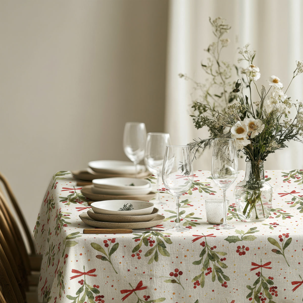 Watercolour Christmas Mistletoe Tablecloth | Botanical Festive Table Linen