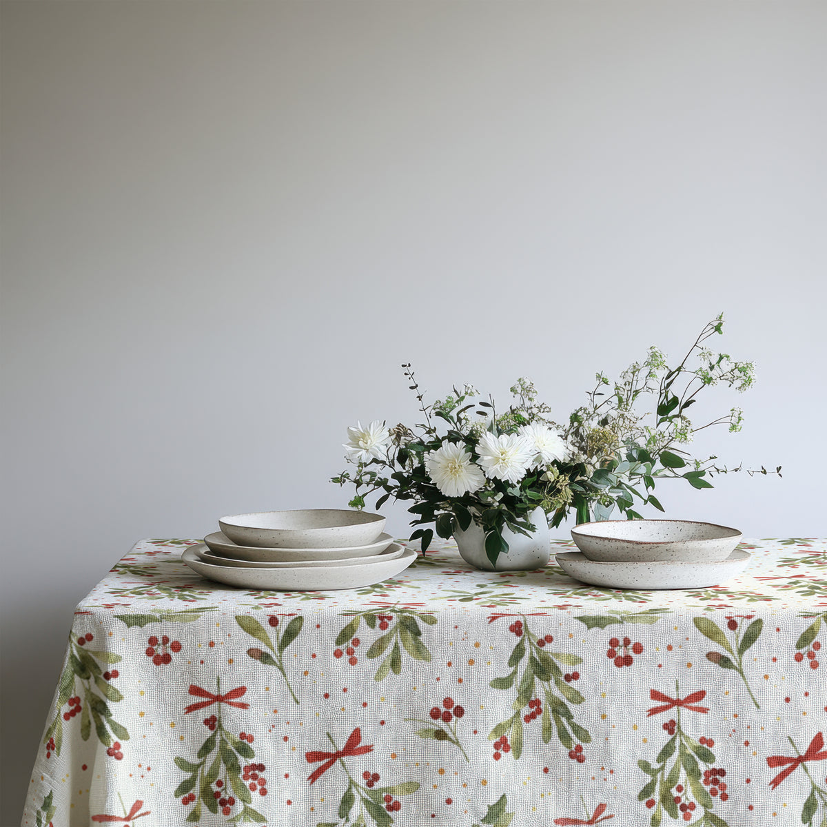 Detail of the watercolour mistletoe design showcasing delicate leaves and traditional Christmas botanical motifs.