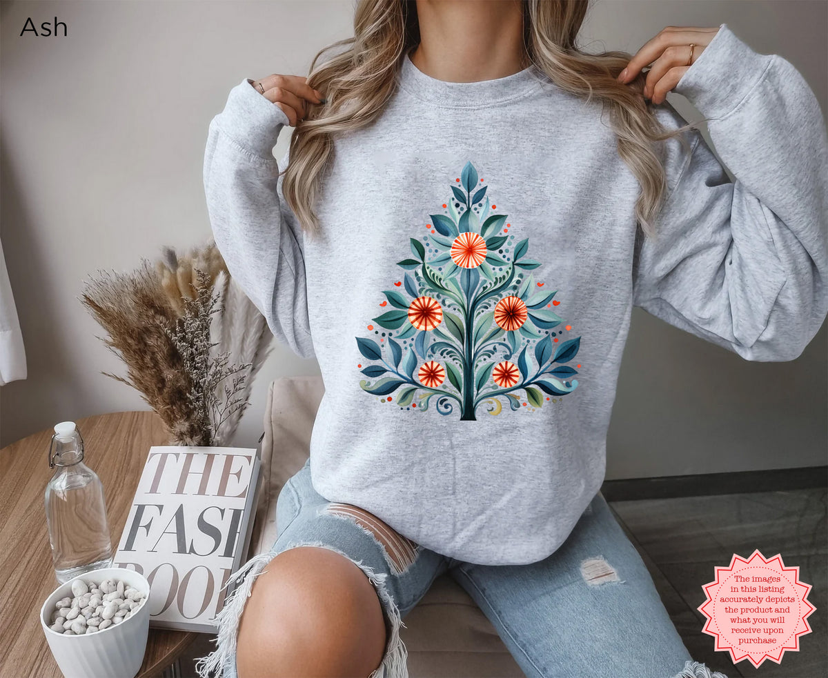 Ash Christmas sweatshirt with Mediterranean-inspired folk-art Christmas tree design.