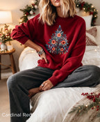 Cardinal Red Mediterranean-inspired Christmas tree sweatshirt with decorative folk-art Christmas tree.