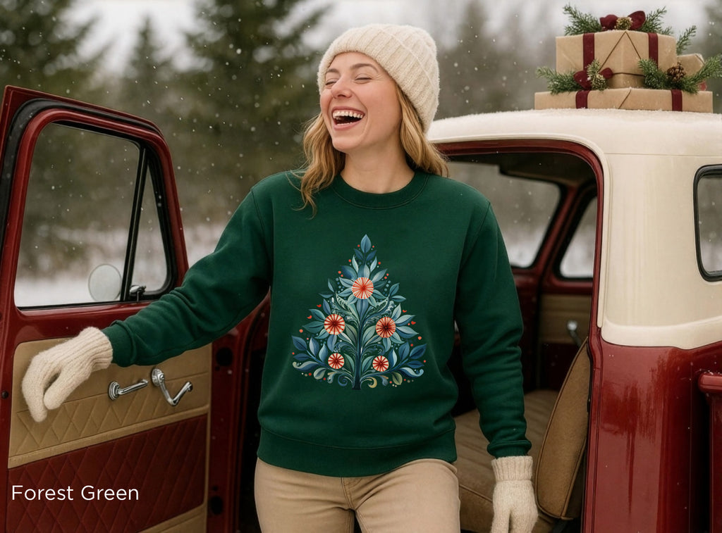 Forest Green Mediterranean-inspired Christmas tree sweatshirt with colourful folk-art design.