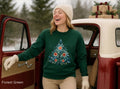 Forest Green Mediterranean-inspired Christmas tree sweatshirt with colourful folk-art design.