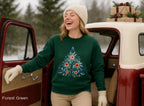 Forest Green Mediterranean-inspired Christmas tree sweatshirt with colourful folk-art design.