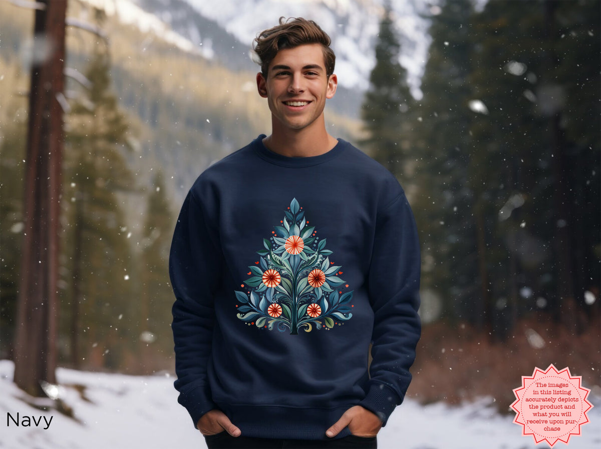 Folk art Christmas Tree sweatshirt styled as a festive winter outfit, showcasing Mediterranean-inspired Christmas fashion and seasonal style.