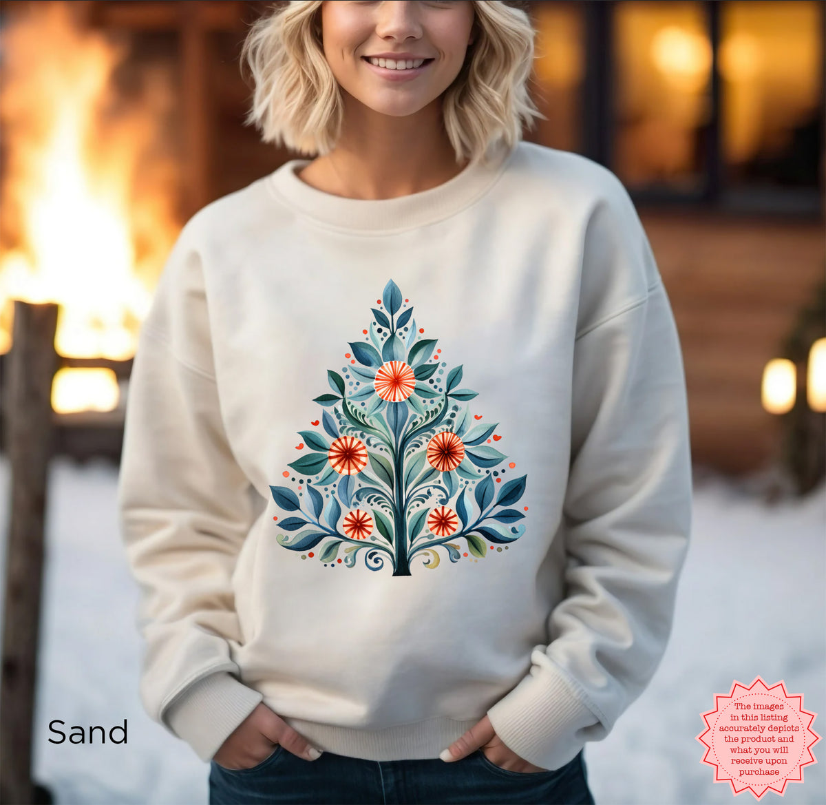 Mediterranean Christmas Tree sweatshirt featuring a colourful folk art Christmas tree design on a cosy crewneck, styled for a festive holiday look.