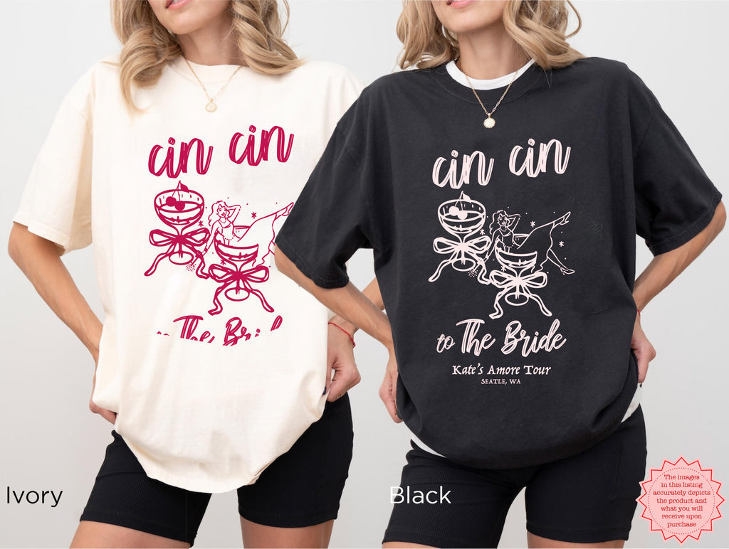 Red Cin Cin the Bride shirt close-up print – detailed DTG design with two champagne glasses and bride illustration on soft Comfort Colors tee.